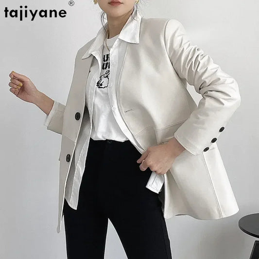 Tajiyane Genuine Leather Jacket Real Sheepskin Coat V-neck White Leather Jacket