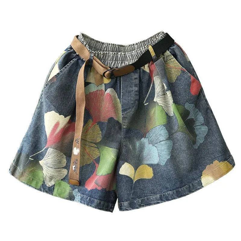 Korean Version Literary Casual Plus Size Printed Jeans Shorts