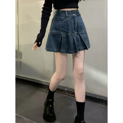 Y2K Vintage Mini Denim Skirt High Waist Pleated Aesthetic