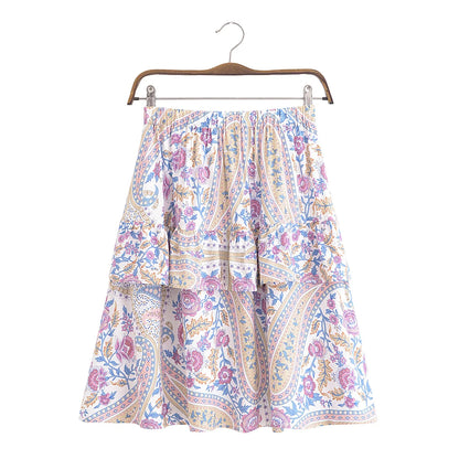 Contrast Color Flower Print Knee Length Skirt Ruffle Hem