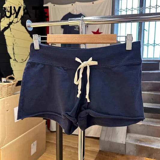 Navy Blue Trim Drawstring Shorts Women's High Waist Sports Sweatshorts