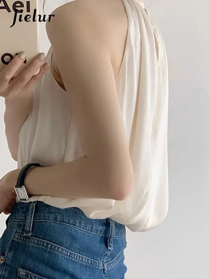 Jielur Summer New Solid Color Slim Women Blouse Sweet Ladies French Halter Blouse Woman Beige Simple Basic Sleeveless Top Female