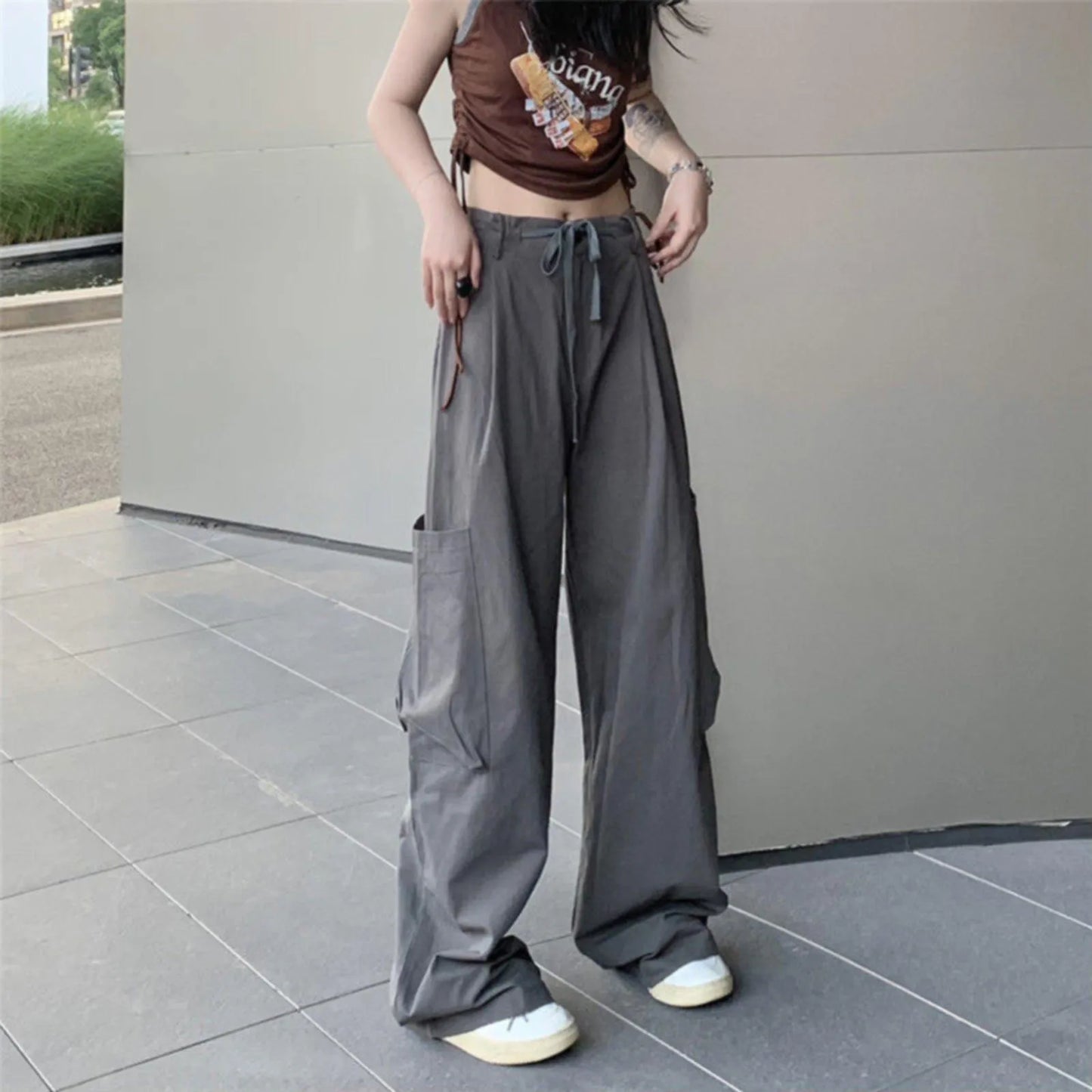 Women's Casual Wide Leg Cargo Pants Oversize Drawstring