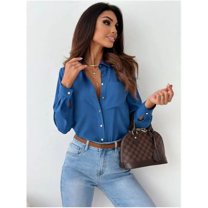 Elegant Lady Shirt Top Blouse2023 Autumn Simple Solid V-Neck Shirt Office Women's Wear