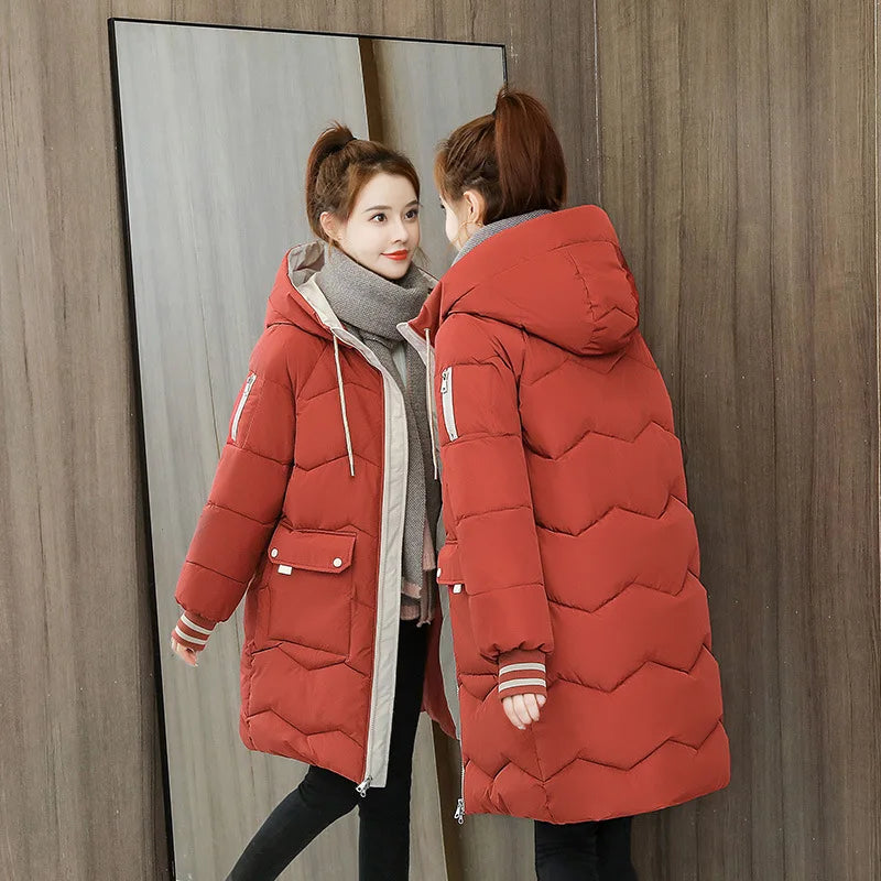 Winter Coat Mid-length Parkas - Cotton Padded Hooded, Warm Casual Overcoat