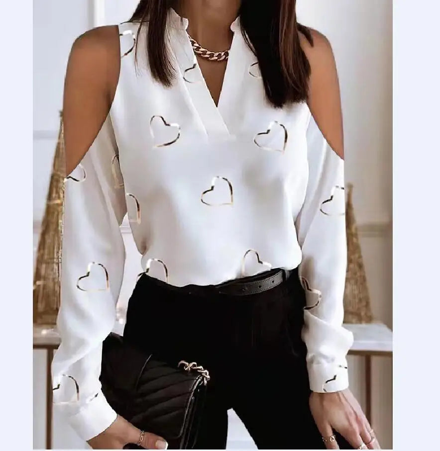 V Neck Chic New Elegant Hollow Out Tee Shirts Commute Lady Office Blouse Sexy Long Sleeve Pattern Printed Women Shirts Tops