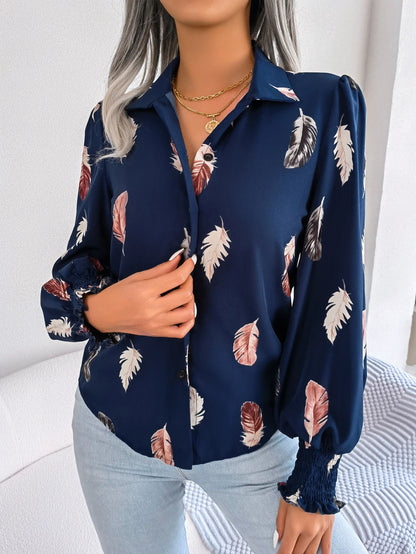 Women Casual Feather Print Collar Long Sleeve Shirt White Pink Blue