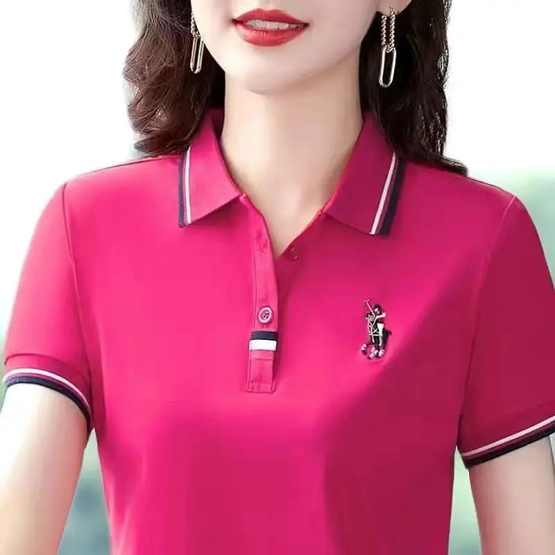 Women's Short Sleeve T-shirt 2024 New Middle-Aged Women's Lapel T-shirt Loose Female's Embroidery Contrast Polo Shirt