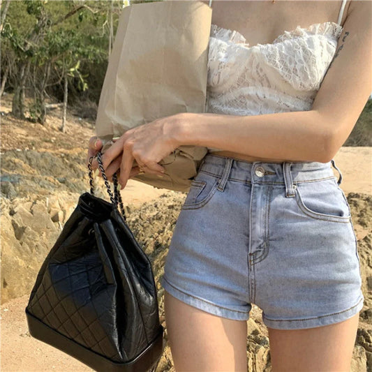 Women's Shorts Fashion Trend Ins Slit Denim Summer High Waist Elastic