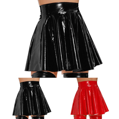 Women's Wet Look Leather Skirt Pleated Dress Clubwear A-Line Nightwear