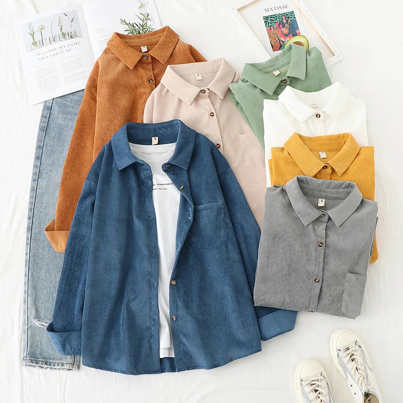 Fresh Corduroy Women Shirts 2024 New Ladies Loose Casual Long Sleeve Shirt Solid Color Blouses Tops Office Fine Female Clothes