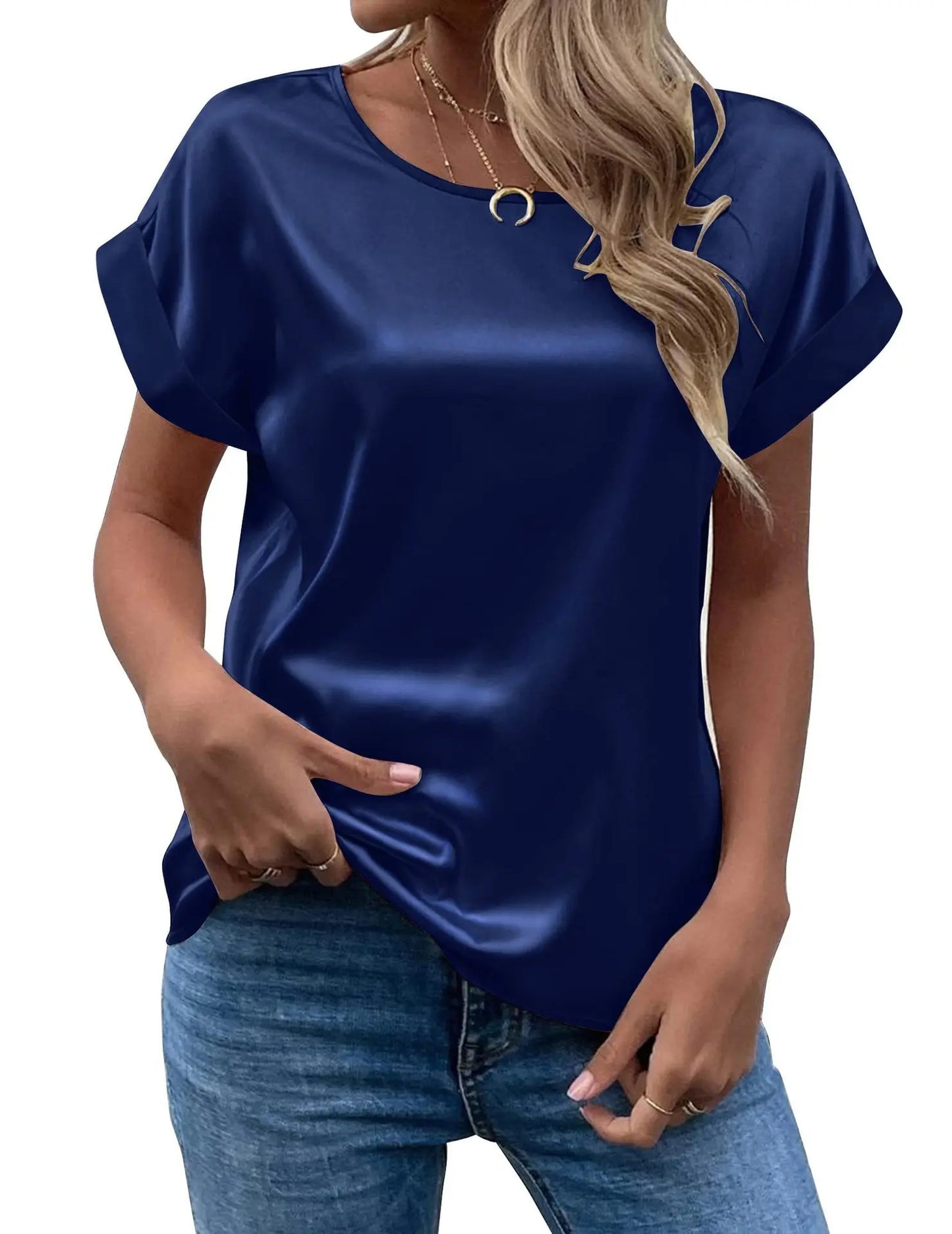 Elegant Women's Blouse Solid Tees 2023 Summer Lady Short Sleeve Satin Shirt Loose Casual Round Neck T-shirt Tops S-XXL