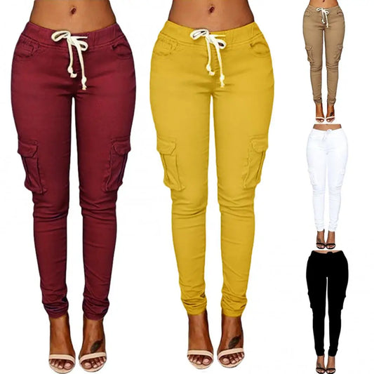 Pants Woman High Waist Pants Solid Skinny Cargo Pockets Drawstring