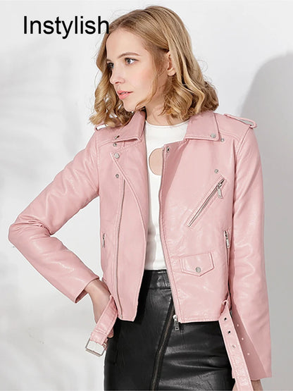 Women's Faux Leather Zipper Jacket - PU Leather, Crop Coat, Motorcycle Biker Outwear