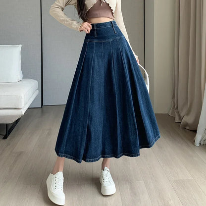 Pleated Jeans Skirts Spring Autumn High Waist Long Washing