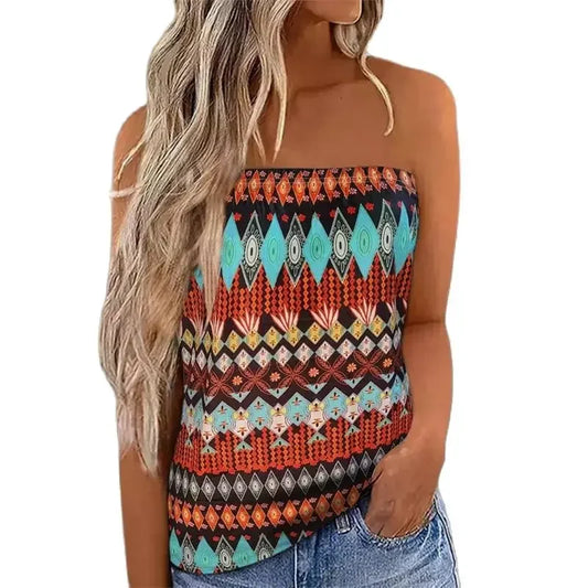 Fashion Vintage Print Vest Women Off The Shoulder Backless Tank Tops Summer Casual Sleeveless T-Shirt Female Wrap Bust Tees 2024