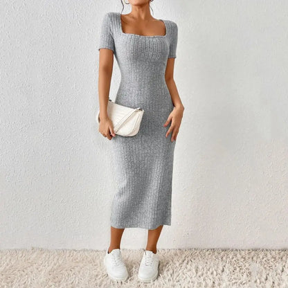 Solid Color Square Neckline Dress Elegant Knitted Midi Dress Women Party Commute Dress