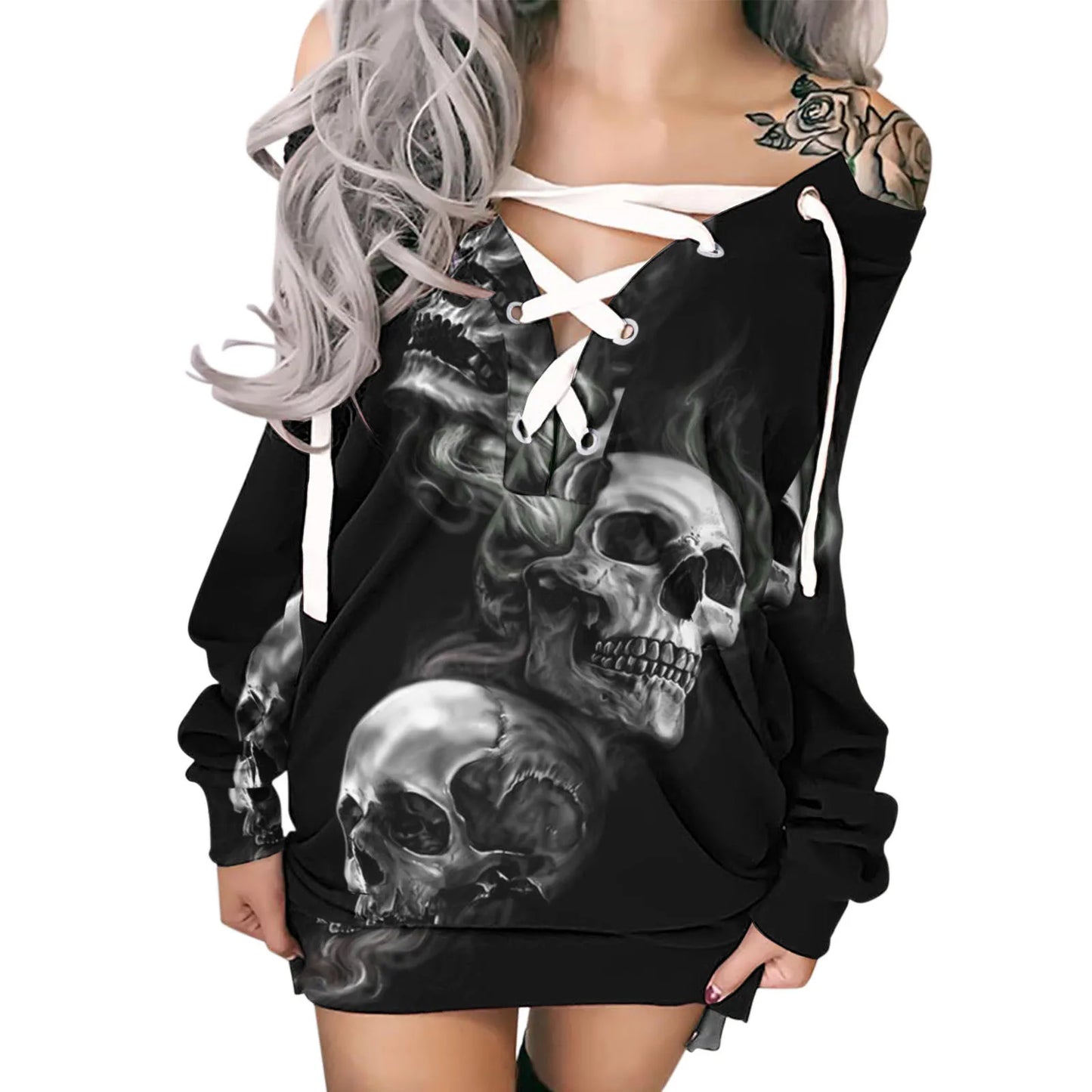 Hoodie Sweatshirt Dress - Gothic Skull Rose