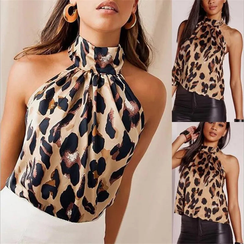 Women Blouses Sexy Leopard Print Ladies Shirts And Tops Halter Blouse Sexy Sleeveless Tops Womens Clothing Summer Female Blouses