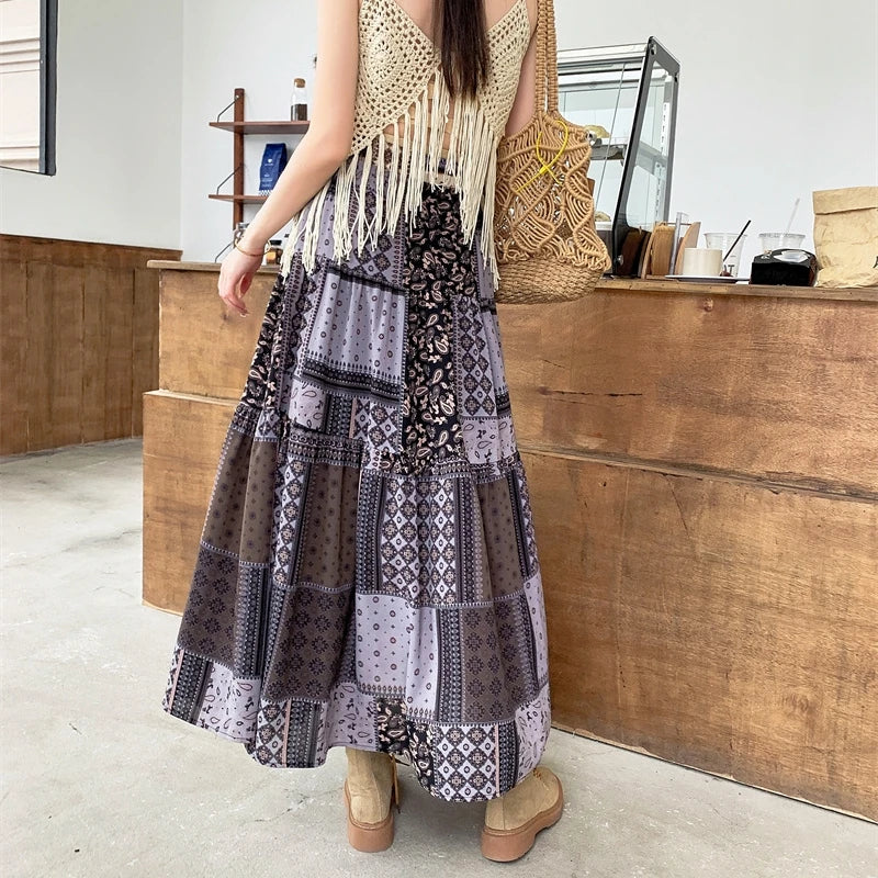 Spring/Summer Bohemian Long Skirt Women's Retro Elastic High Waist Patchwork