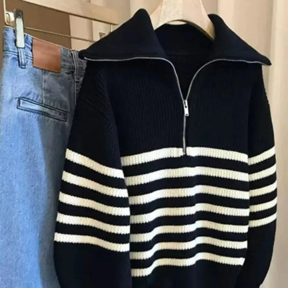 Women's Turtleneck Loose Lapel Striped Knitwear Women Pulovers New Simplicity Half Zipper Casual Fashion Women Sweaters 2024