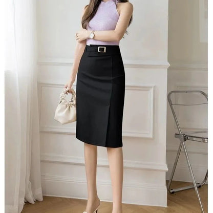 Elegant Suit Business Work Skirt High Waist Split Knee