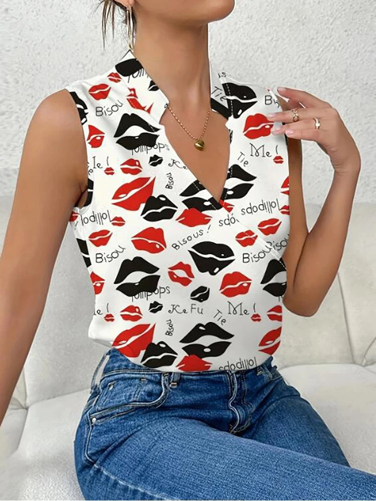 Women's Blouse White Shirts & Blouses Print Sleeveless Tops Loose V Neck Pulovers Summer Youthful Woman Clothes 2024 New