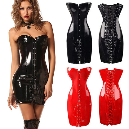 Black PVC Leather Corset Dress - Sexy Gothic Waist Trainer Mini