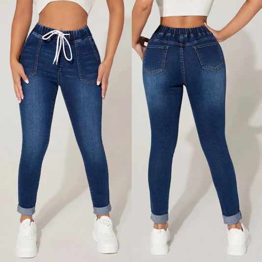 Autumn Winter Elastic Waist Drawstring Skinny Denim Pants