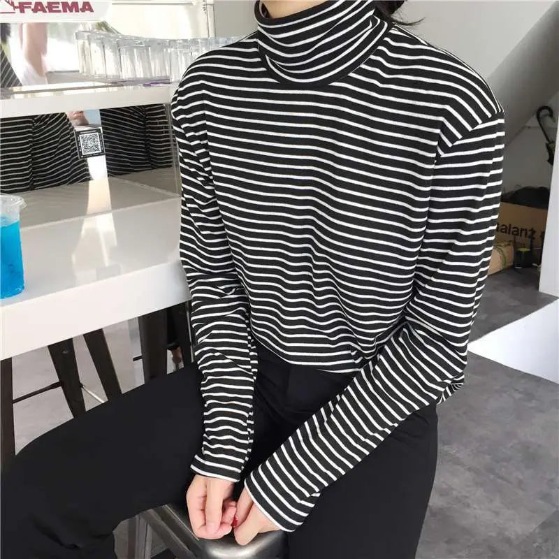 Womens Turtleneck Striped T Shirt Casual Basic Slim Tops Long Sleeves Tees Blouses