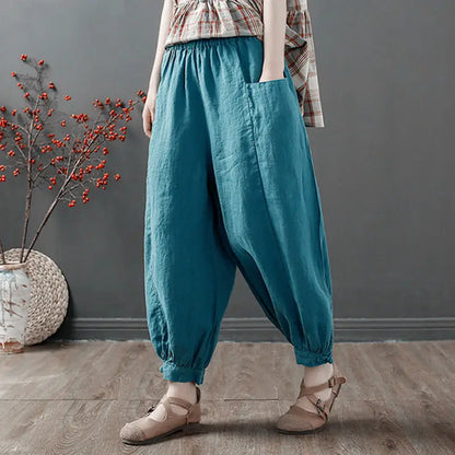 Women's Summer Loose Cotton Linen Pocket High Waist Harem Pants