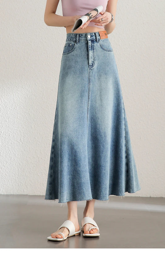 Sentubila Retro Washed A-Line Long Denim Skirt New