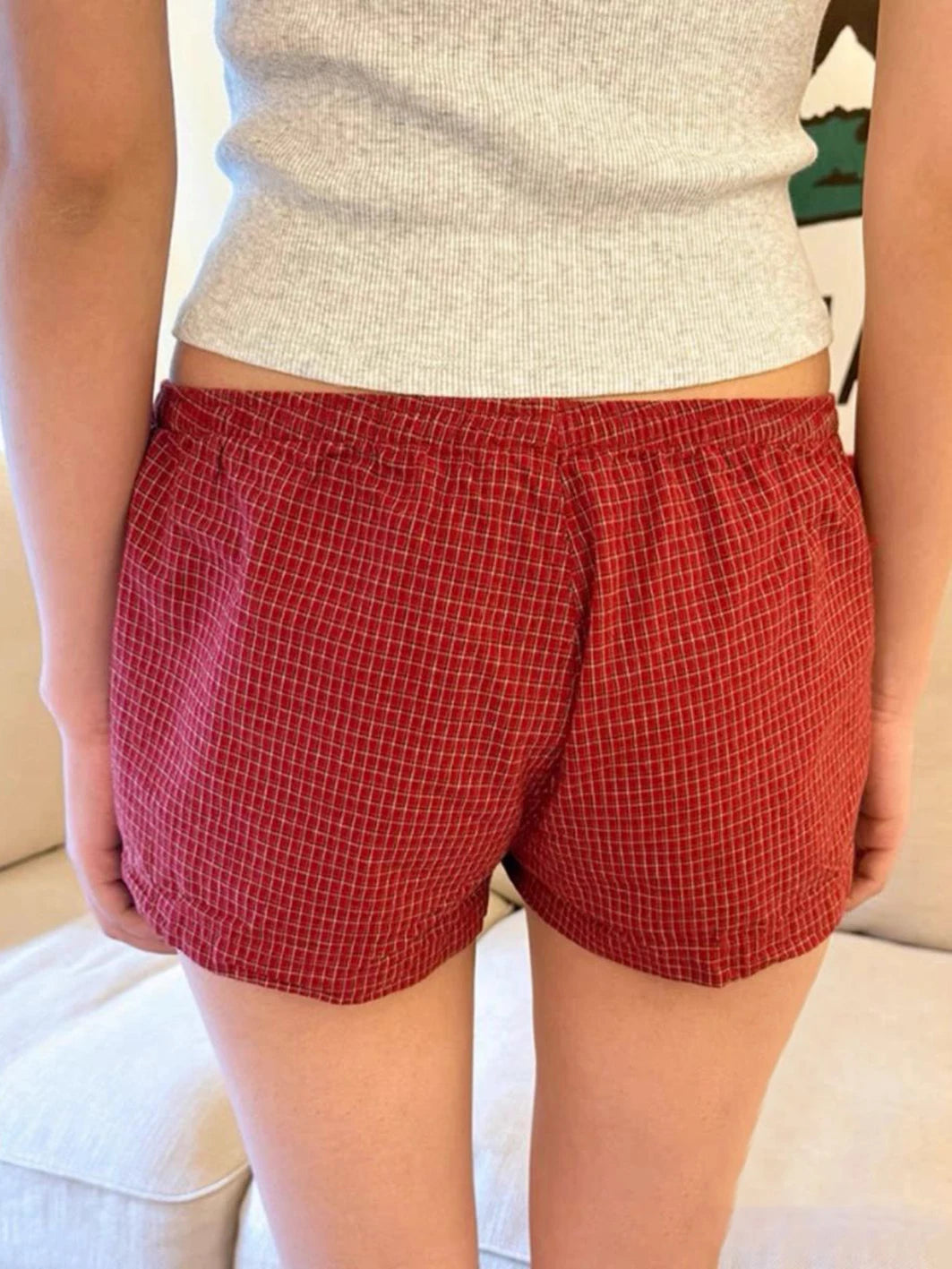 Red Plaid Casual Home Shorts Buttons Elastic Waist Straight Sweatshorts