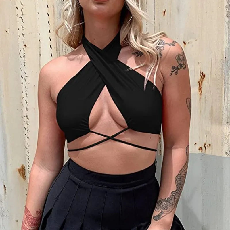 T2K cross-border hot selling summer solid color backless chest strap women's single piece top from Europe and America