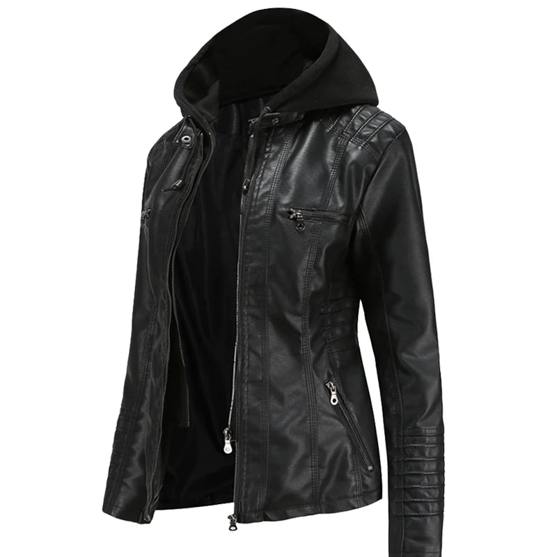 Hooded PU Leather Jacket - Women’s Motorcycle