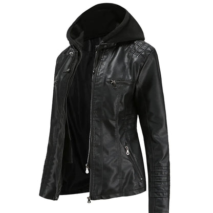 Hooded PU Leather Jacket - Women’s Motorcycle