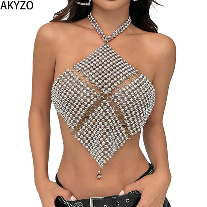 AKYZO Sequin Hanky Hem Halter Top Sexy Backless Crop Sleeveless Halter Top For Party & Club Women's Clothing