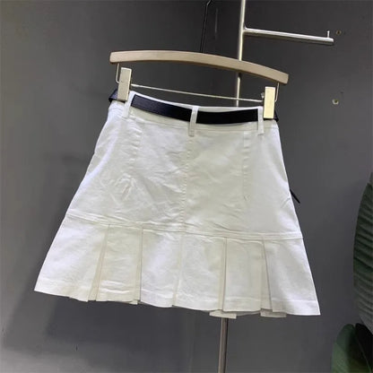 Korean Washed Cotton White Denim Pleated Skirt New Women's