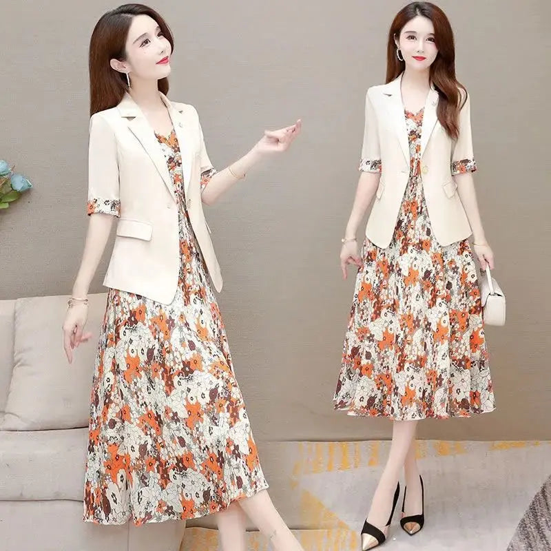 Spring Summer Thin Blazers Dress Set - Casual Suit Jacket, Mid Skirt