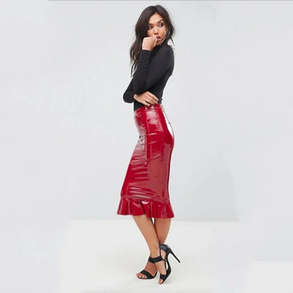 Faux Latex Hobble Skirts Women's Shiny Ruffles Midi