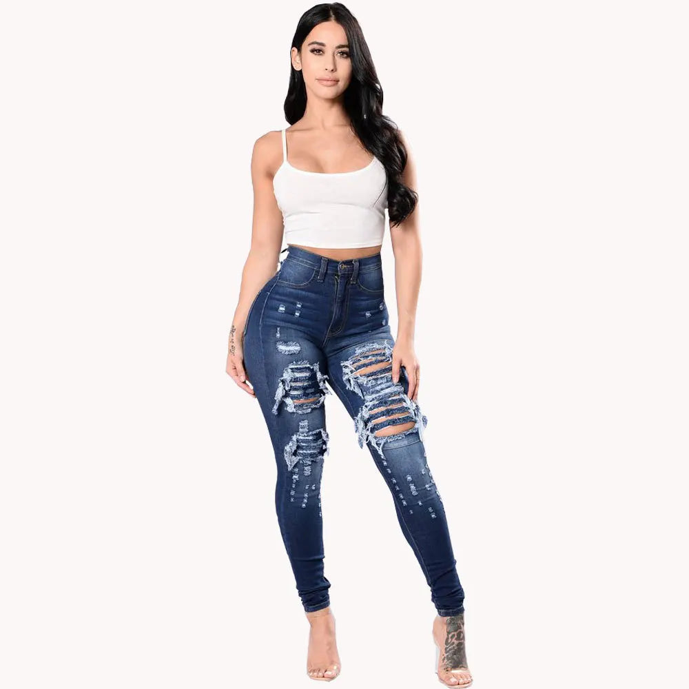 Autumn High Waist Ripped Jeans Stretch Skinny Pencil