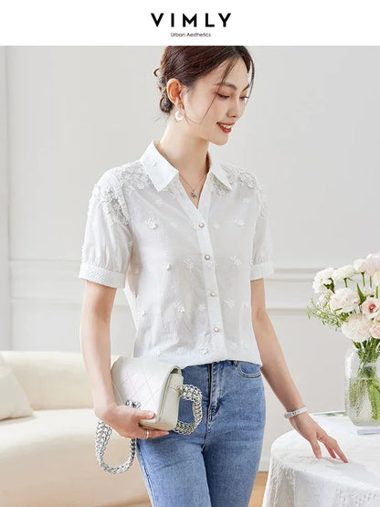 Vimly 100% Cotton Short Sleeve White Shirt for Women 2023 Fairy Sweet Summer Tops Embroidery Button Up Elegant Shirts & Blouses