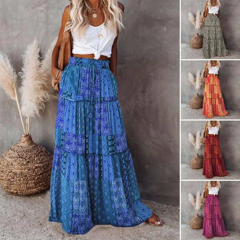 Bohemian Skirt Ethnic Print Maxi Skirt Patchwork A-Line Vacation