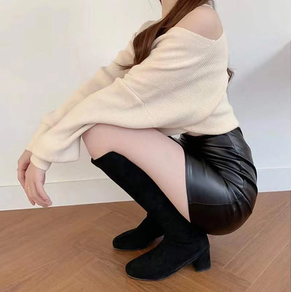 Black Mini Pu Leather Skirt Women's Korean Fashion High-Waisted