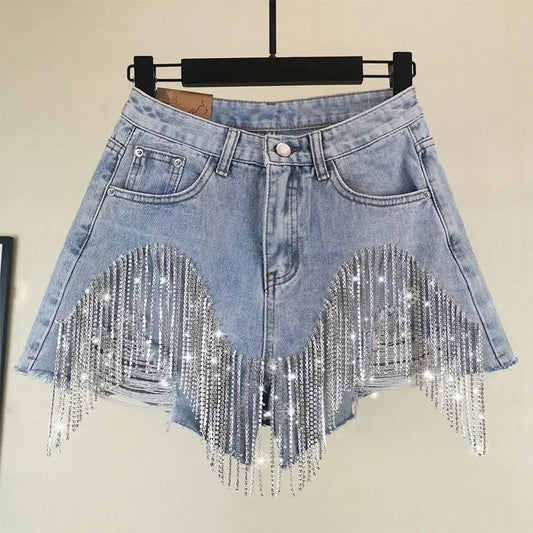 Summer Ripped Jeans Short Femme High Waist Diamond Tassel