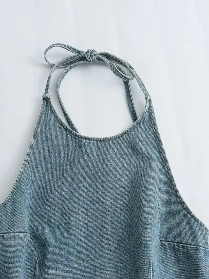 XNWMNZ Women's Fashion Halter Neck Tie Denim Top Women High Street Sleeveless Backless Versatile Female Top