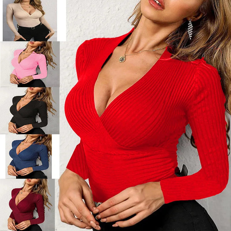 2024 New Sexy Slim Solid V-neck Knitted Long-sleeved T-shirt Top Women's Wear