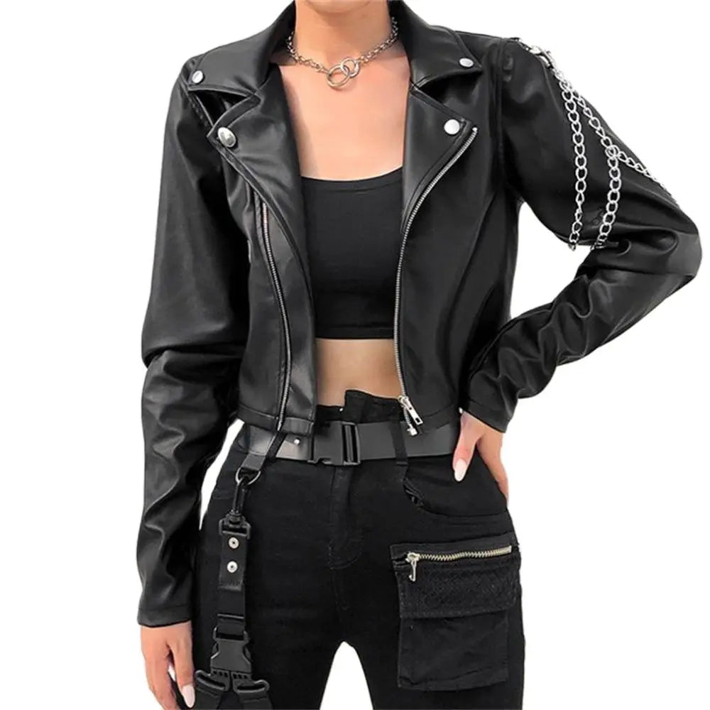 Vangull Faux Leather Cropped Jackets Punk Black Coat Gothic Overcoat With Chains