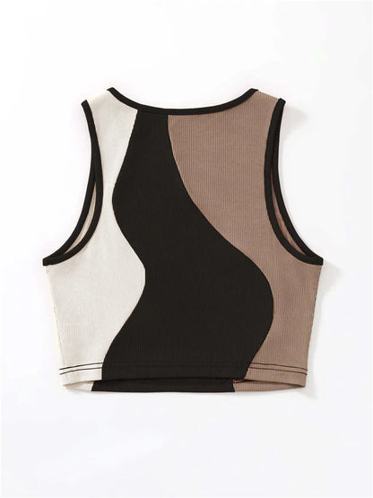 Casual Patchwork Rib Knit Tank Top Women Summer High Street Y2K Clothes Color Block Sleeveless O-neck Crop Top Streetwear