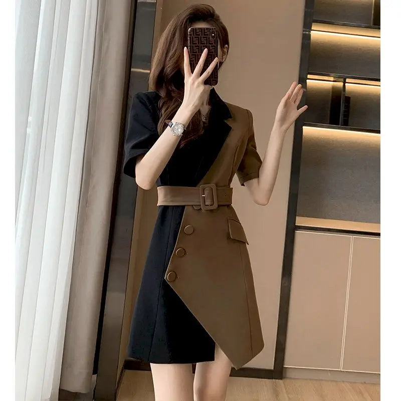 Summer Fashion Short Sleeve Blazer Dresses Women French Suit Mini Skirts Belt Dress